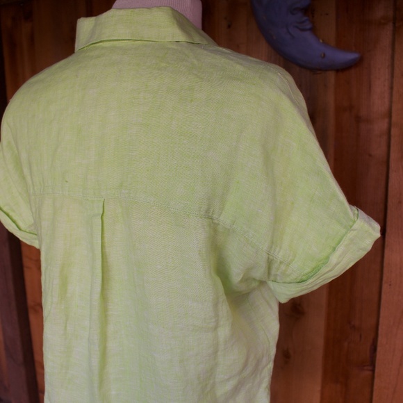 Tahari 100% Linen Lime Green Button Down Short Sleeve Blouse Size XS - Picture 15 of 16